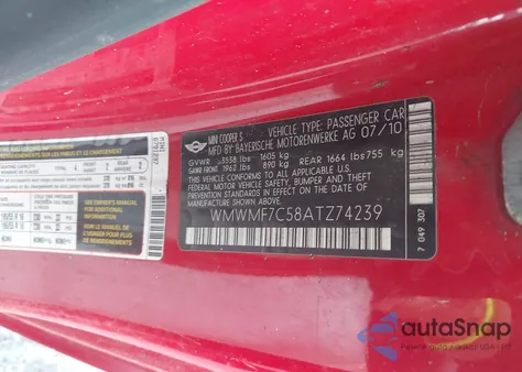 2010 Mini Cooper S from USA, damaged, VIN WMWMF7C58ATZ74239